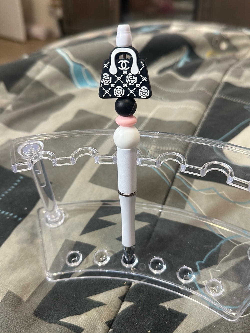 White and Black Designer-Inspired Pen with Pink Accent